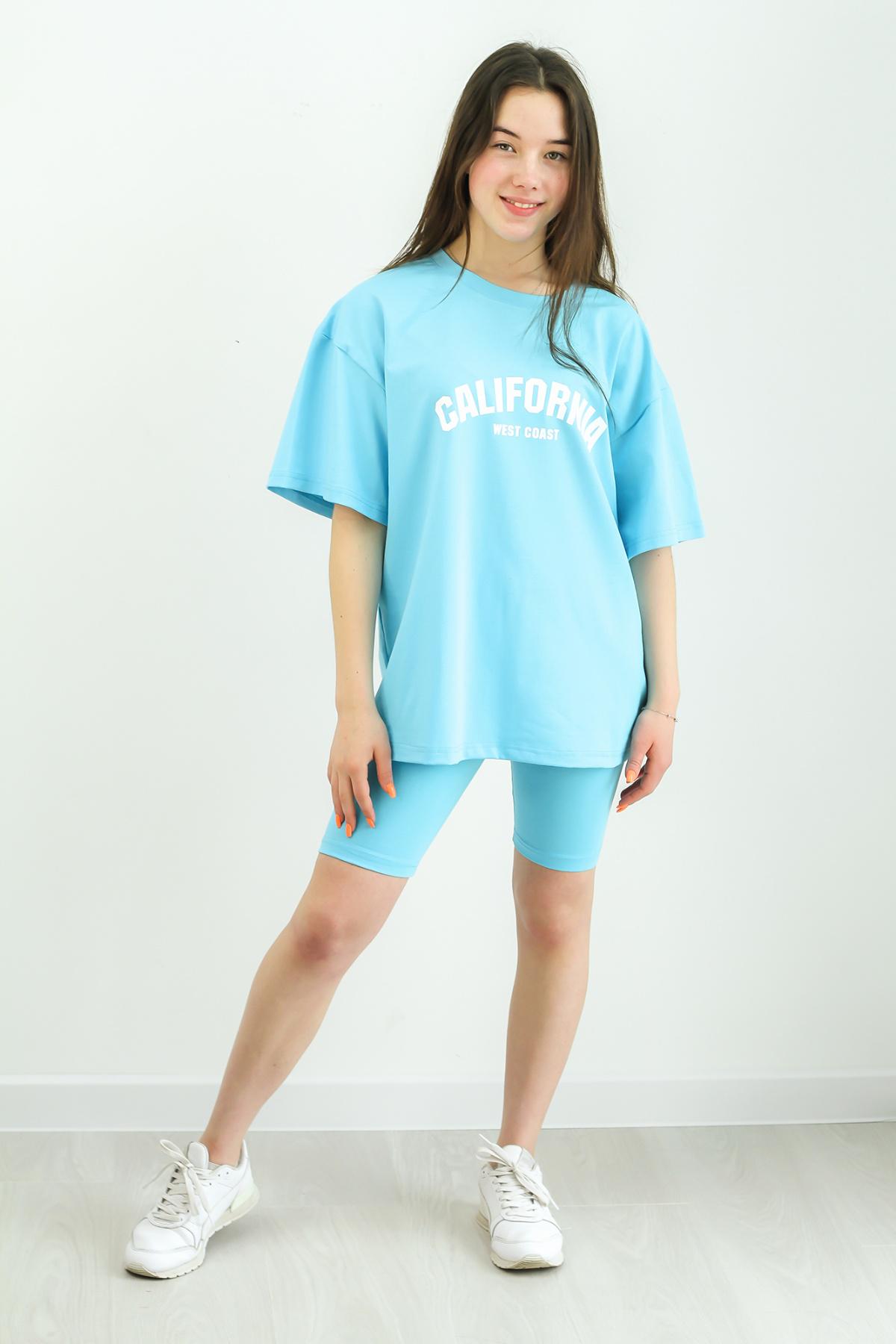 Костюм для девочки футболка оверсайз и велосипедки 152 см Turquoise (126978)