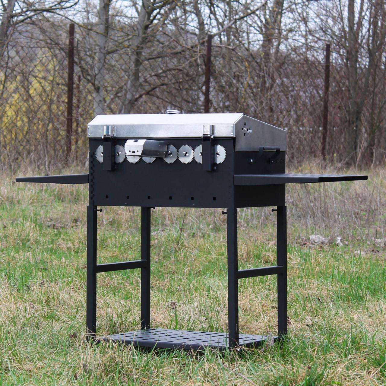 Мангал автоматический разборный Степ с крышкой из нержавейки на 8 шампуров и мотором АКБ