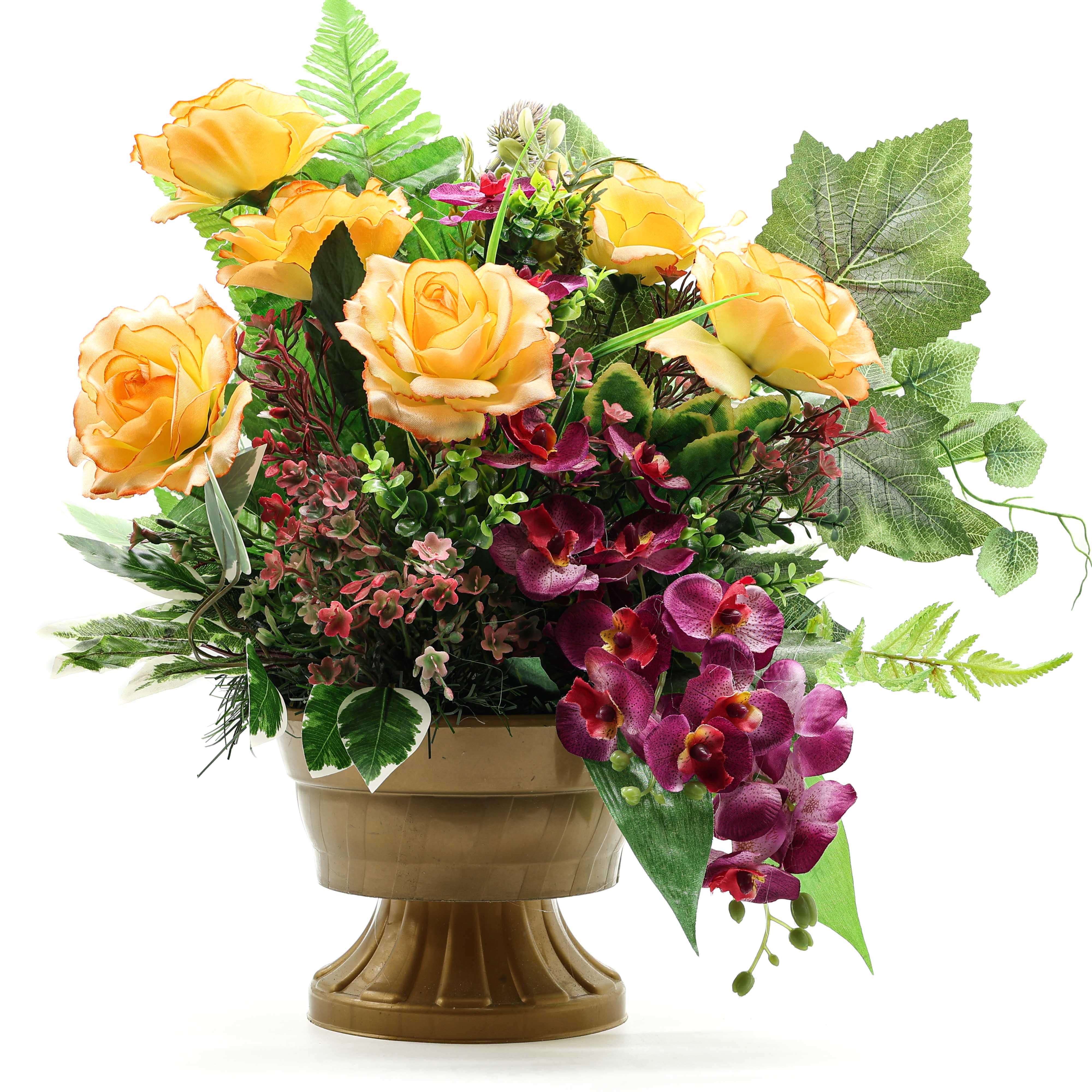 Композиция Gala Decor из искусственных персиковых роз с орхидеями в золотистом кашпо 30 см (К4030ПФ)