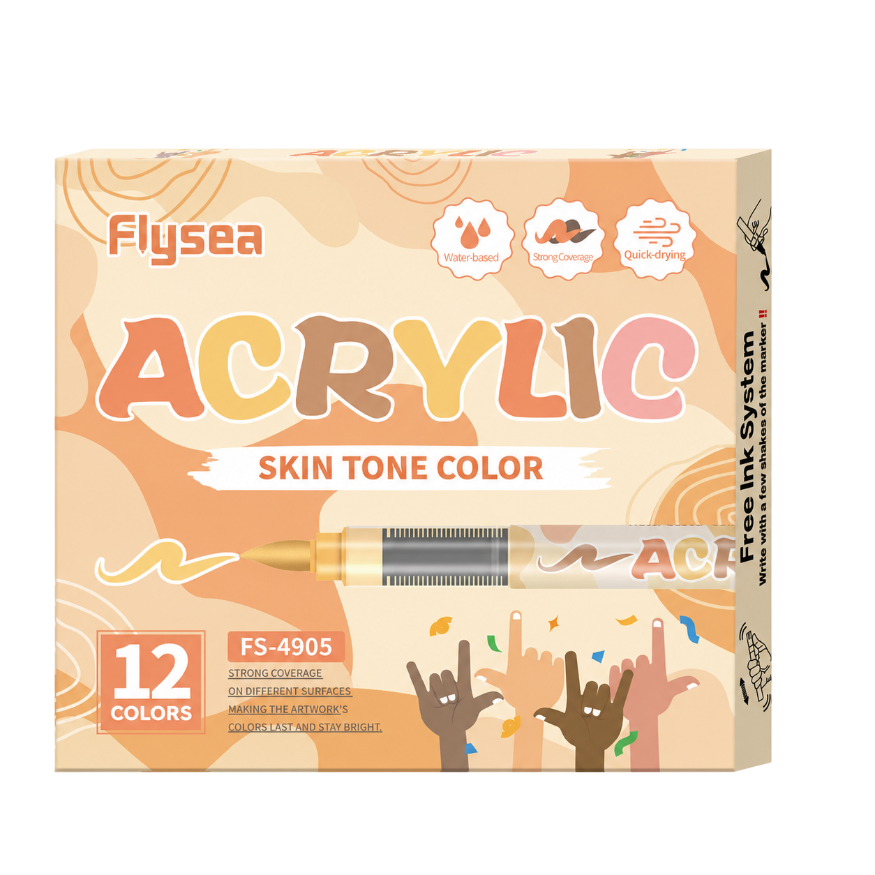Маркеры акриловые кистевые Flysea Skin Tone 12 телесных цветов для бумаги ткани дерева стекла камня керамики и пластика