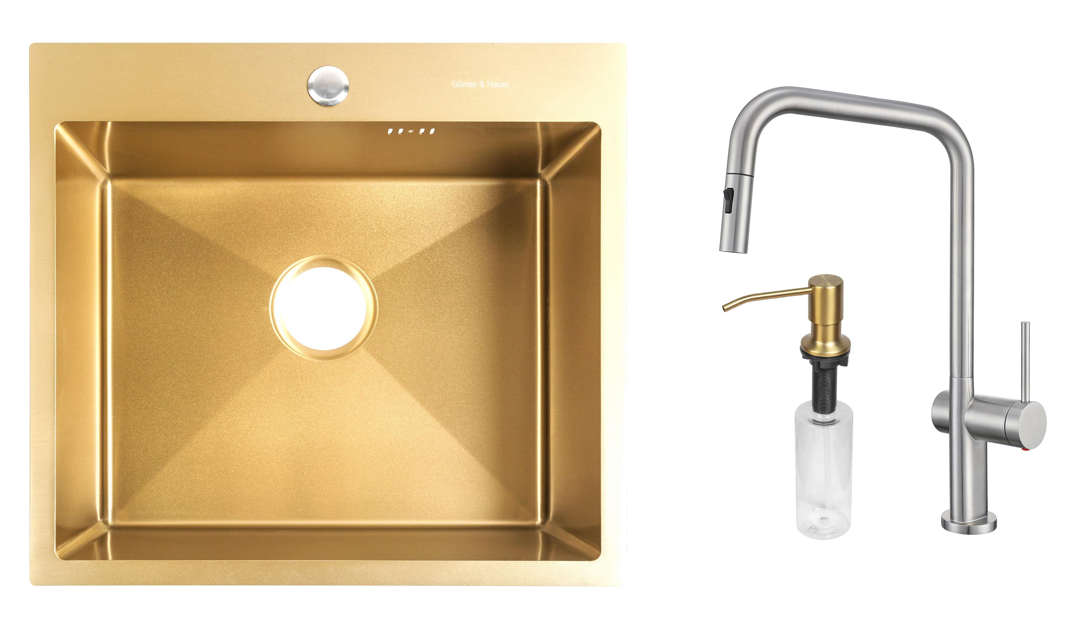 Комплект из кухонной мойки Gunter&Hauer Mindel 5522 Gold кухонного смесителя Gunter&Hauer BRUNNEN Br и дозатора Gunter&Hauer SOAP DISPENSER Gold