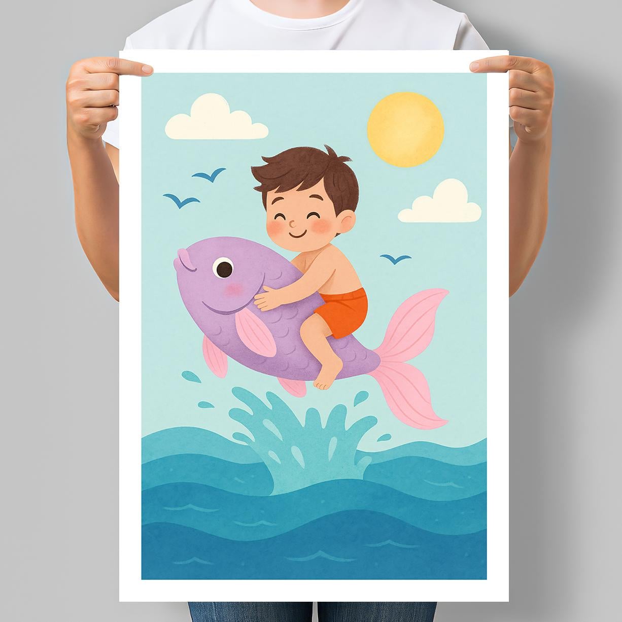 Постер для дитячої кімнати Хлопчик пливе на рибці 30x42 см A3 без рамки (DYT086_A3)