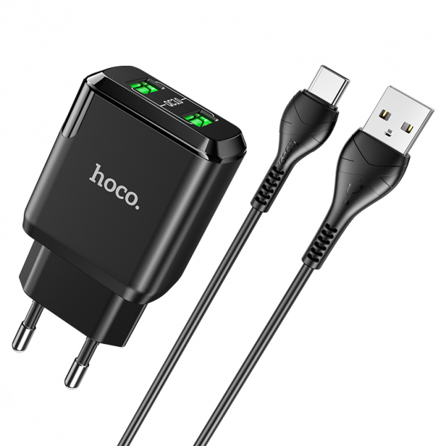 Адаптер мережний Hoco Type-C Cable Charmer dual port charger set N6 2USB 3A 2xQC3.0 18 W Black (535227)