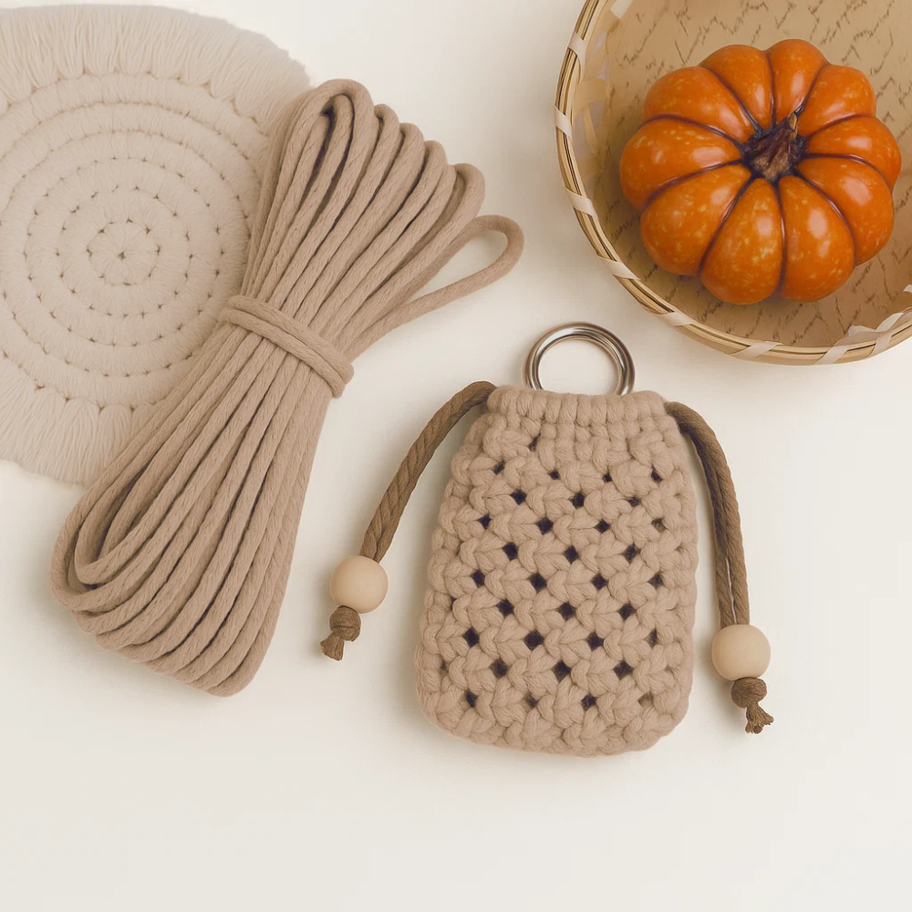 Набор макраме для рукоделия и ручной вязки чехла для наушников и аксессуаров 8х7 см Бежевый