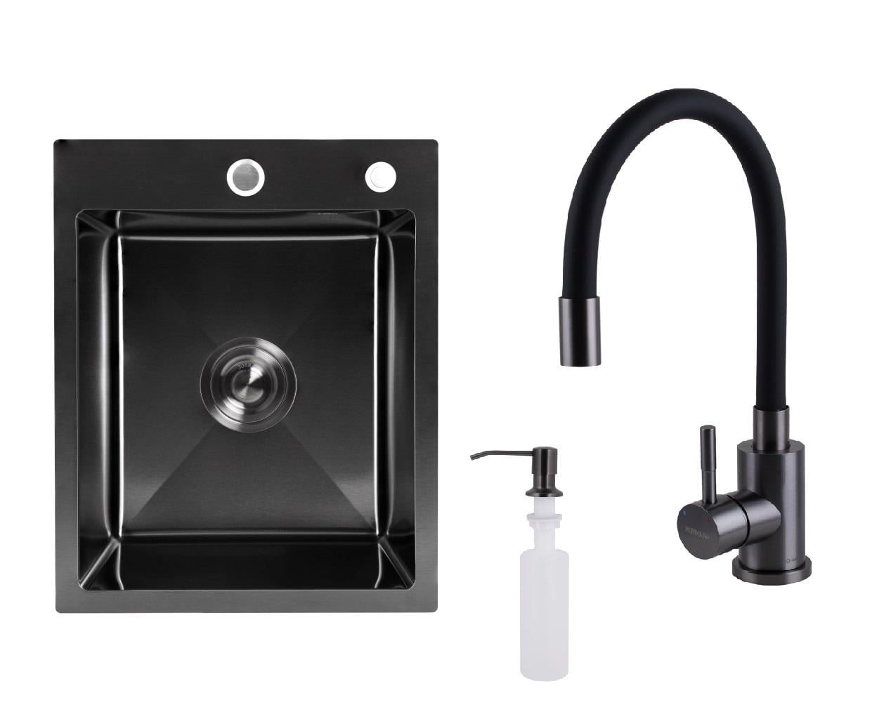 Мойка для кухни из нержавеющей стали Lidz 40/50 с гибким краном и дозатором Черный/Графитовый Мойка для кухни из нержавеющей стали Lidz 40/50 с гибким краном и дозатором Черный/Графитовый