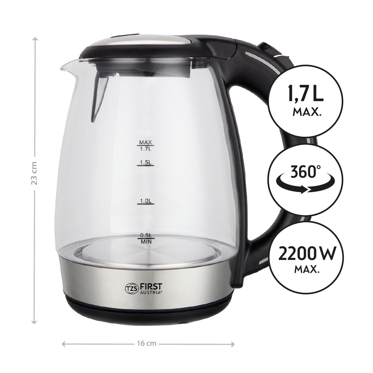 Електрочайник First FA-5404-2-BA glass 1,7 л 2200 Вт Black (26449824) - фото 2 Електрочайник First FA-5404-2-BA glass 1,7 л 2200 Вт Black (26449824) - фото 2