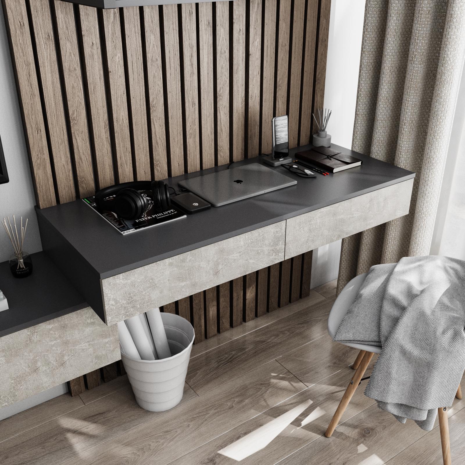 Письмовий стіл підвісний з 2 висувними ящиками 1200x160x500 мм Антрацитовий/Бетон (mt-222-an-bt)