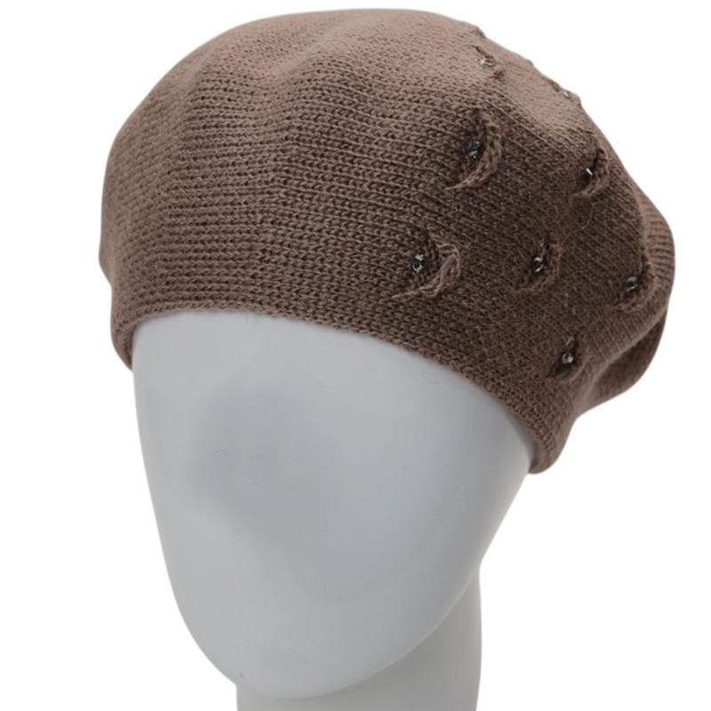 Берет женский двойной Lirus Суфле с узором и стразами Темный пудровый