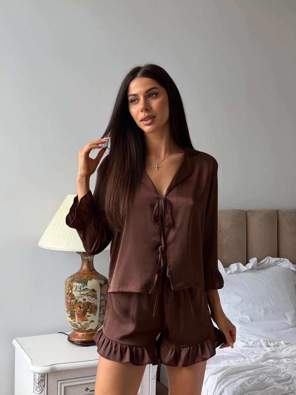 Піжама жіноча Julia Ulich шовкова сорочка/шорти S Коричневий (394_286)