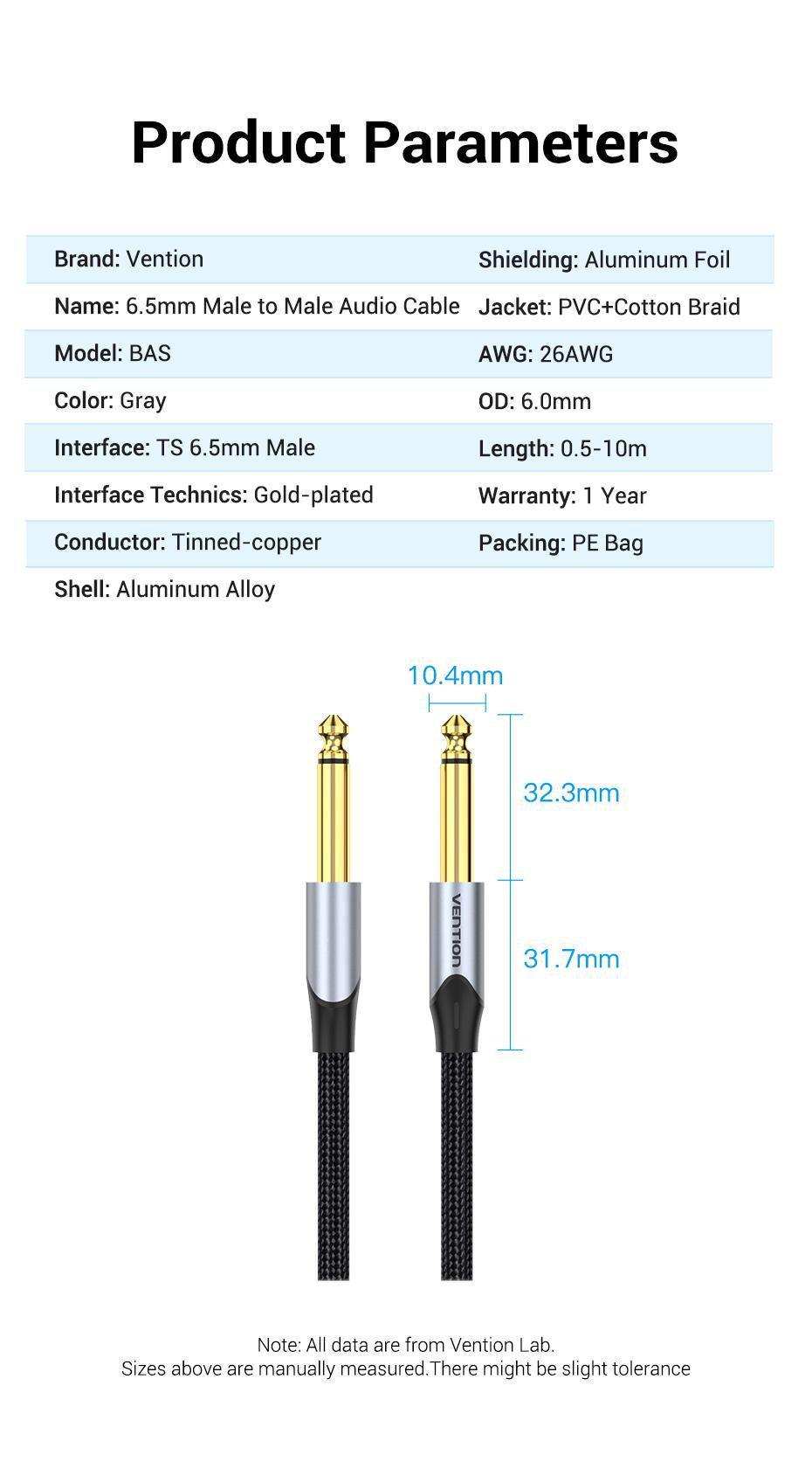 Кабель Vention 6.5мм Jack-6.5мм Jack HiFi Аудио 6.35мм AUX TS нейлоновое оплетение 3 м Черный (BASHI) - фото 8