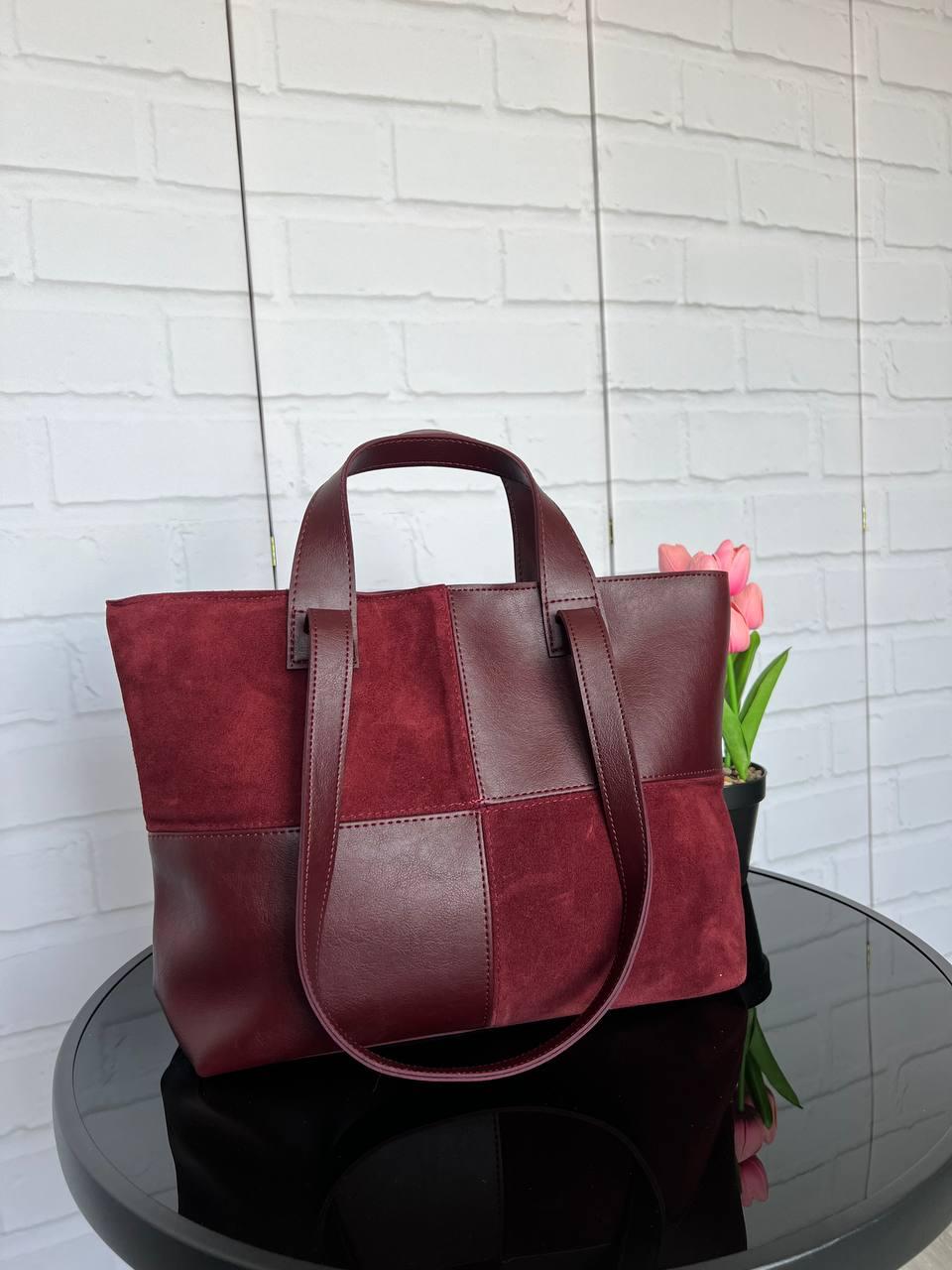 Женская сумка шоппер большая на плечо для документов замша и экокожа Бордовый
