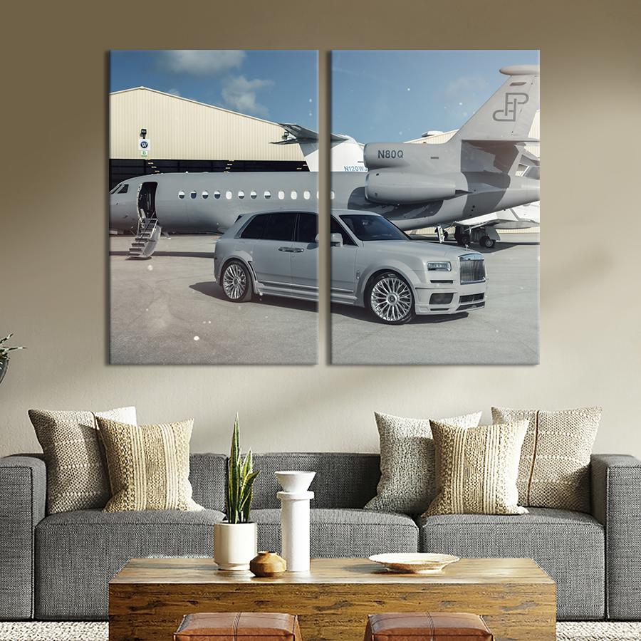 Картина на холсте Серые автомобиль и самолёт 165x122 см (1392-2)