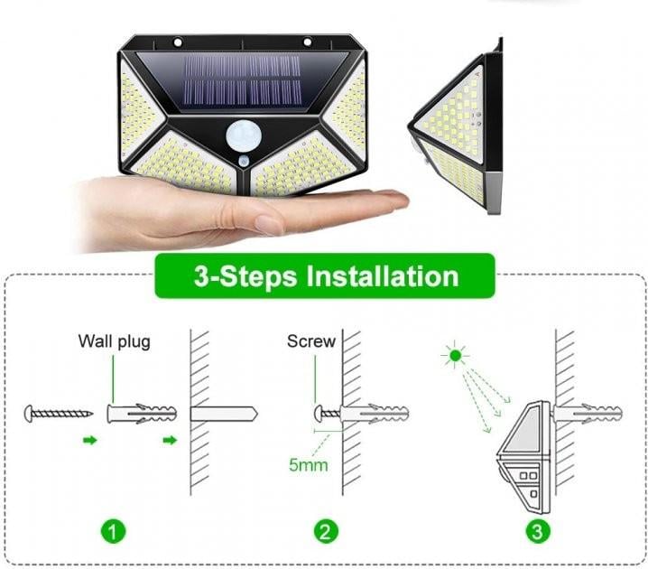 Настінний ліхтар на сонячній батареї Solar Motion 100 LED з датчиком руху Чорний - фото 6