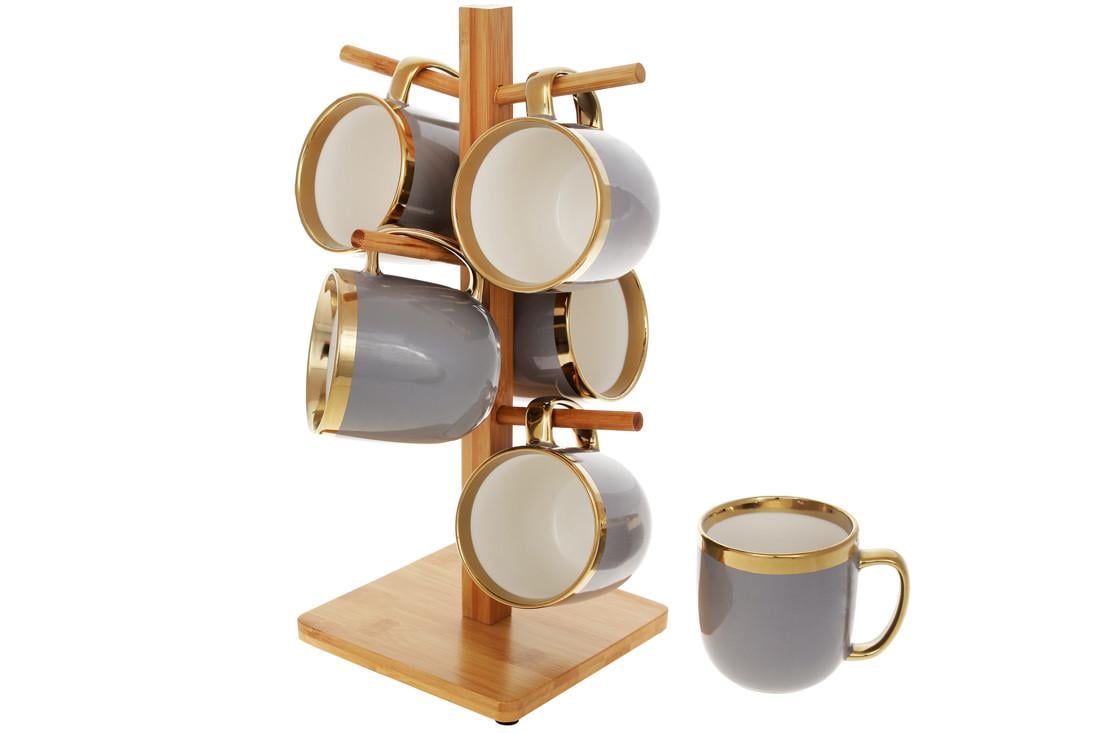 Набор чашек Золотая линия на бамбуковой фарфоровой подставке 320 мл 6 шт. (905-224)