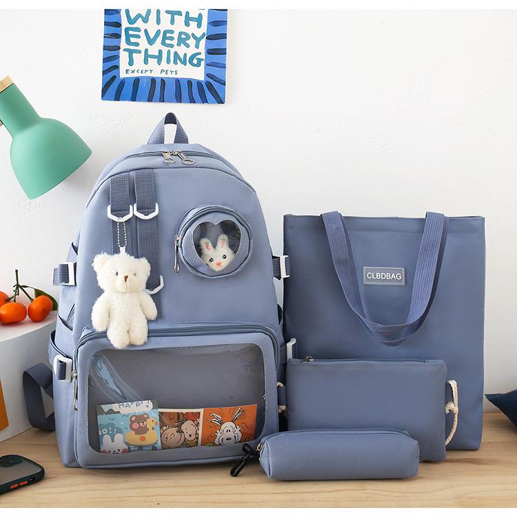 Школьный рюкзак для девочки Медвежонок с значком-зайчик 4в1 5-11 класс Синий (27667927)