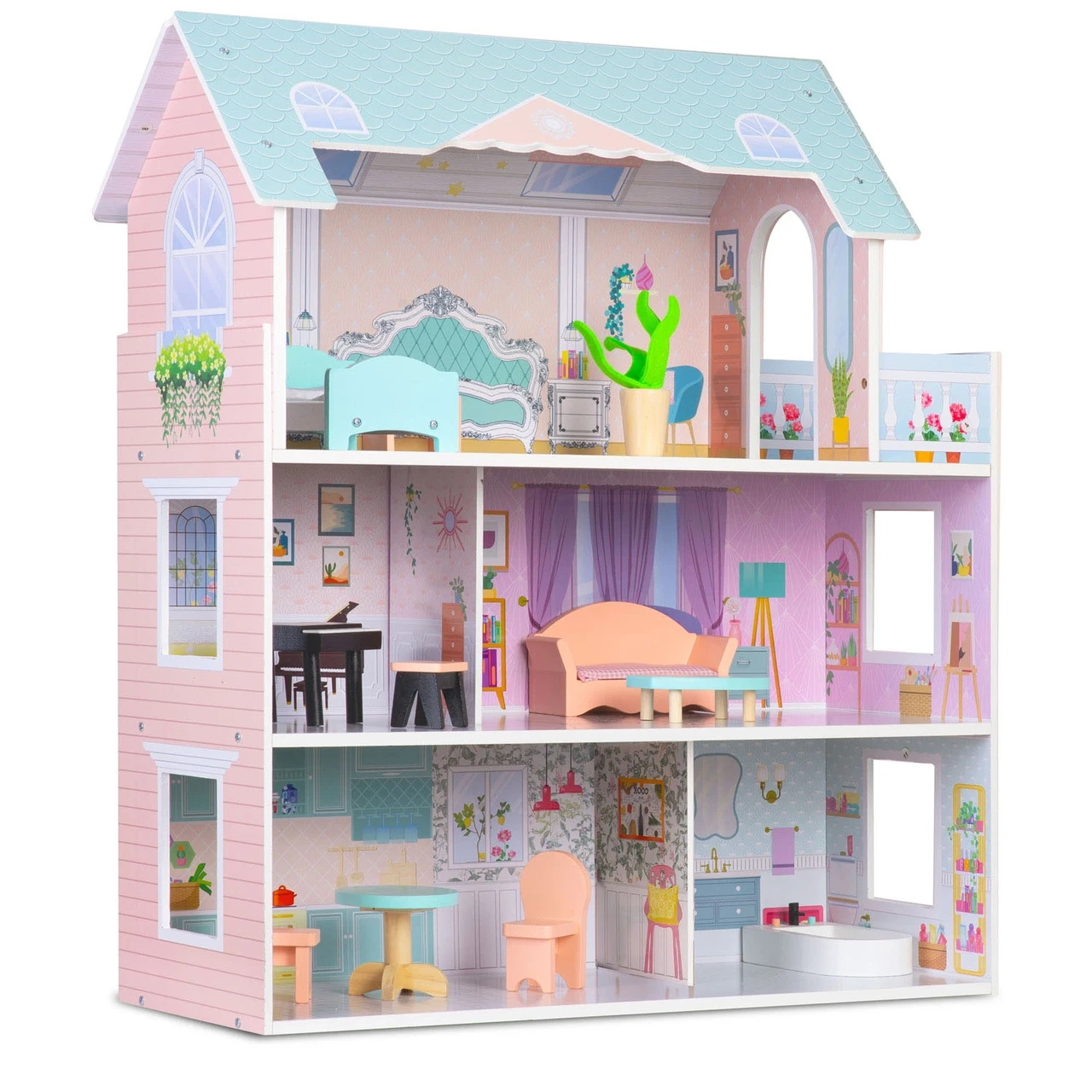 Домик кукольный большой многоэтажный деревянный Ricokids с мебелью и аксессуарами для девочки 3+ лет 70 см