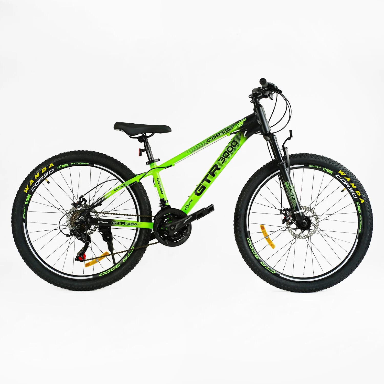 Велосипед спортивный Corso 26" 21 скорость/рама алюминиевая 13"/оборудование Shimano Green (147902)