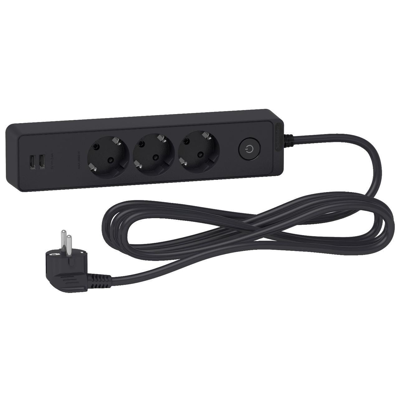 Подовжувач Schneider Electric 3 розеток з заземленням з 2xUSB 3 м Чорний (3140561788) Подовжувач Schneider Electric 3 розеток з заземленням з 2xUSB 3 м Чорний (3140561788)