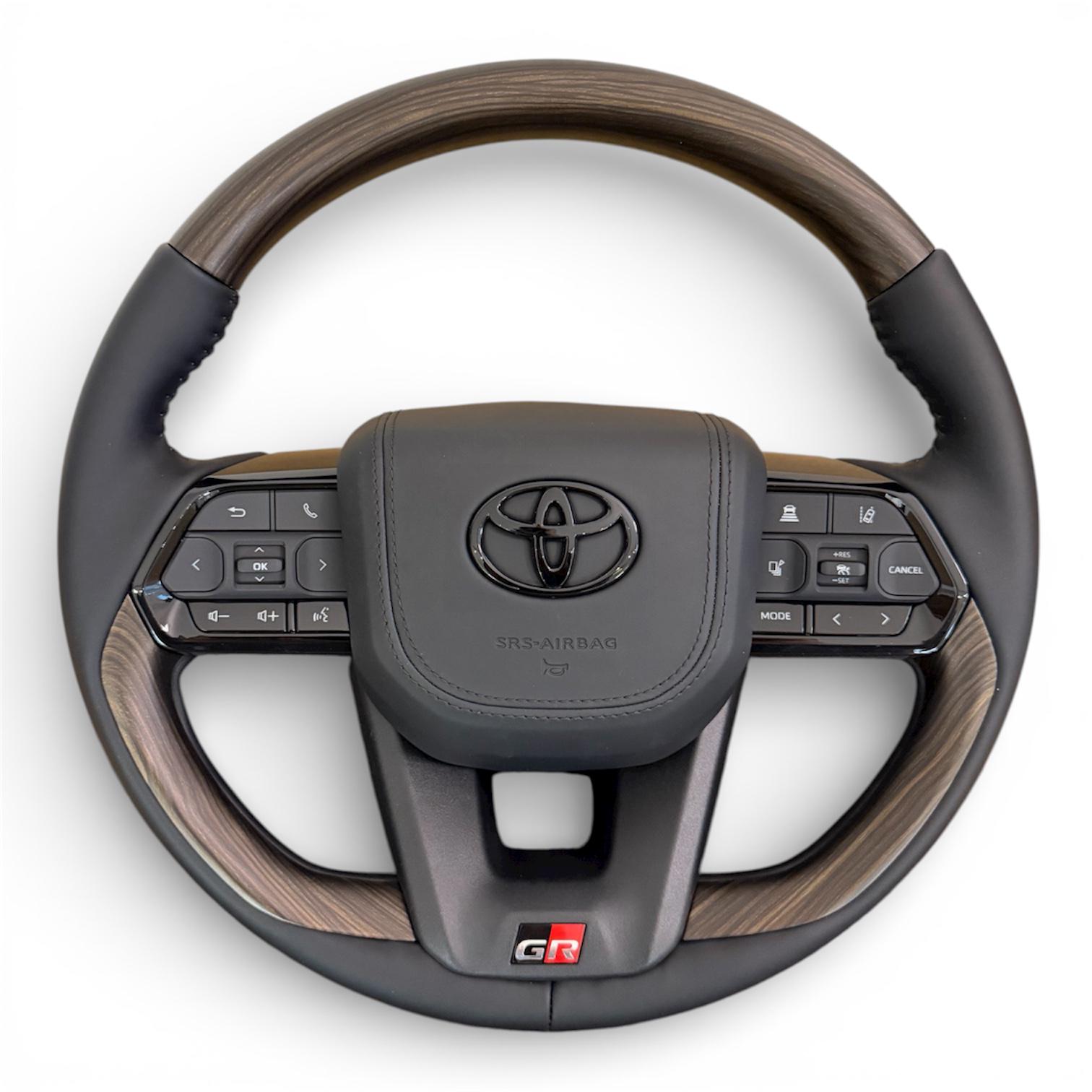 Руль для Toyota Land Cruiser 200/Prado 150 GR в стиле LC300 с подогревом подушка из кожи черный логотип в сборе Коричневое дерево (32402897)