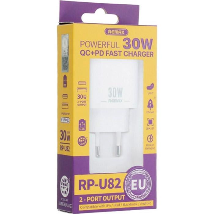 Зарядный блок Remax RP-U82 Remine универсальный сетевой 30 Вт PD+QC 2xUSB Белый (620903) - фото 2 Зарядный блок Remax RP-U82 Remine универсальный сетевой 30 Вт PD+QC 2xUSB Белый (620903) - фото 2