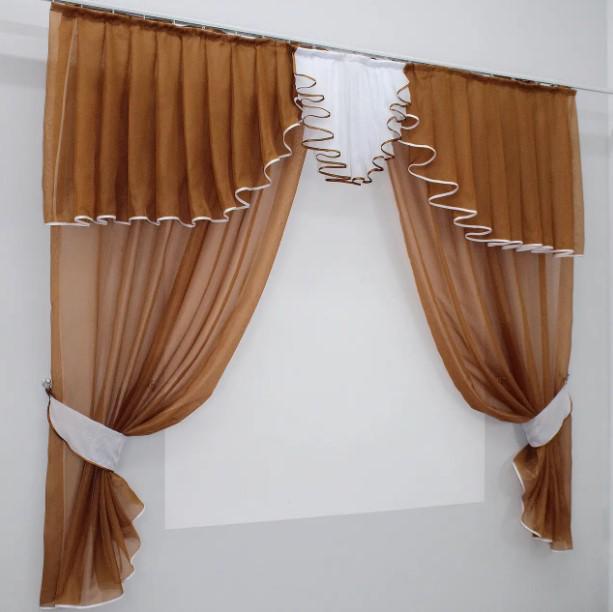 Шторки на кухню/балкон шифон 200х170 см Коричневый/Белый (103к) Шторки на кухню/балкон шифон 200х170 см Коричневый/Белый (103к)