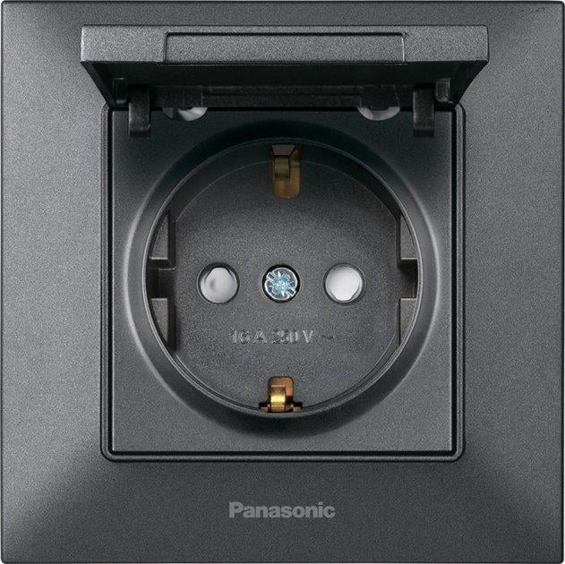 Розетка Panasonic Arkedia Slim с крышкой шторками и заземлением Дымчатый (19566-е)