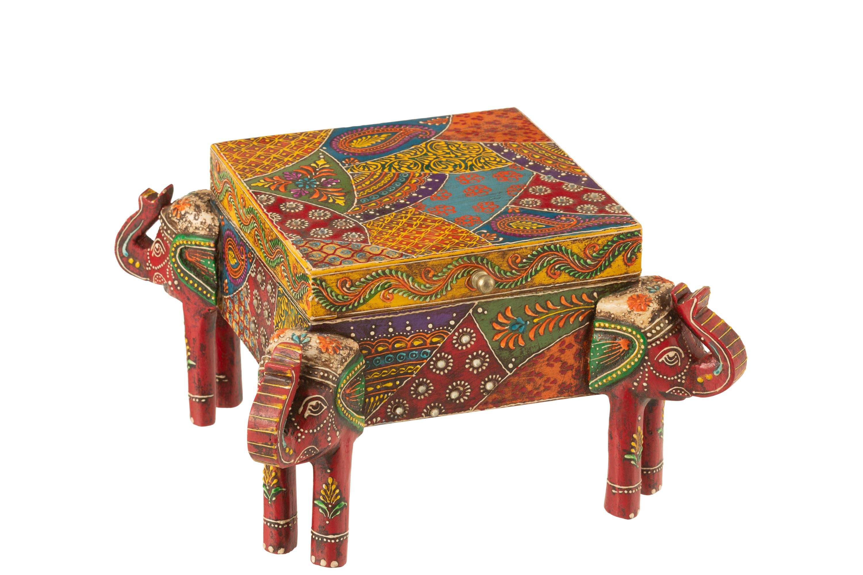 Шкатулка J-LINE деревянная со слонами в индийском стиле на ножках Разноцветный