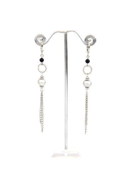 Сережки ланцюжки c натуральним камінням голдстоун та перлами Берта ручна робота (ER-0035)