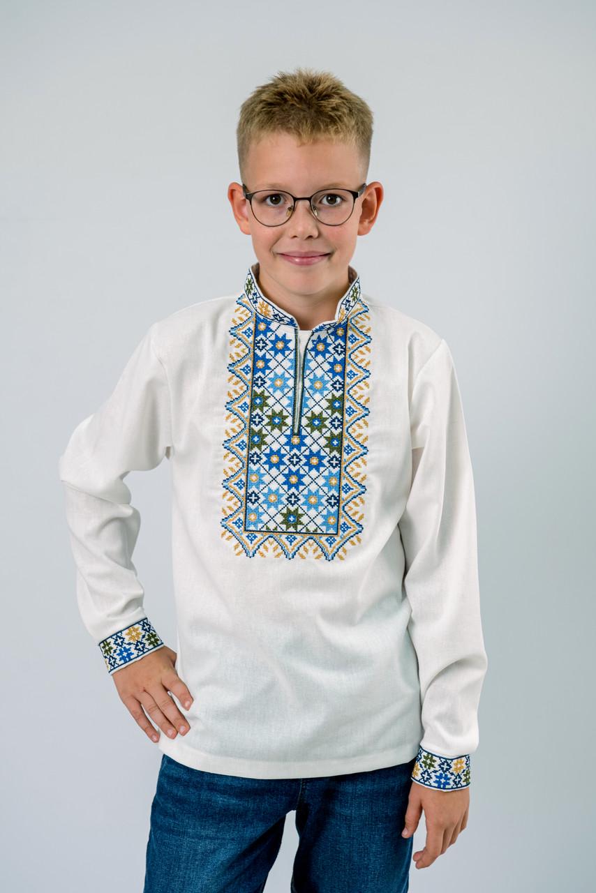 Вышиванка на мальчика лен с голубым орнаментом с длинным рукавом 158 см Молочный (2106420529)
