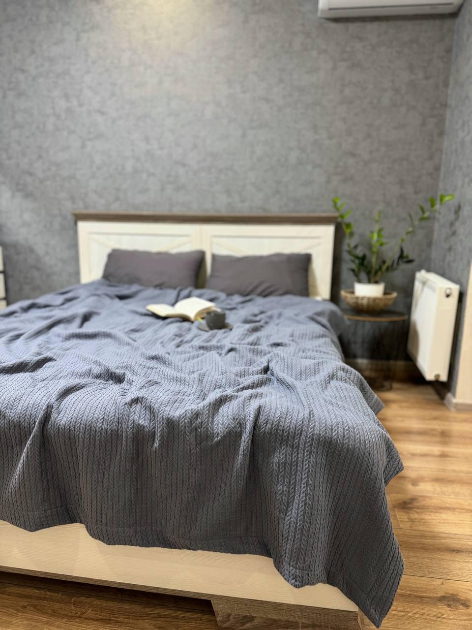 Покрывало-плед Косичка хлопковое полуторное 160х230 см Джинсовый (15182593)