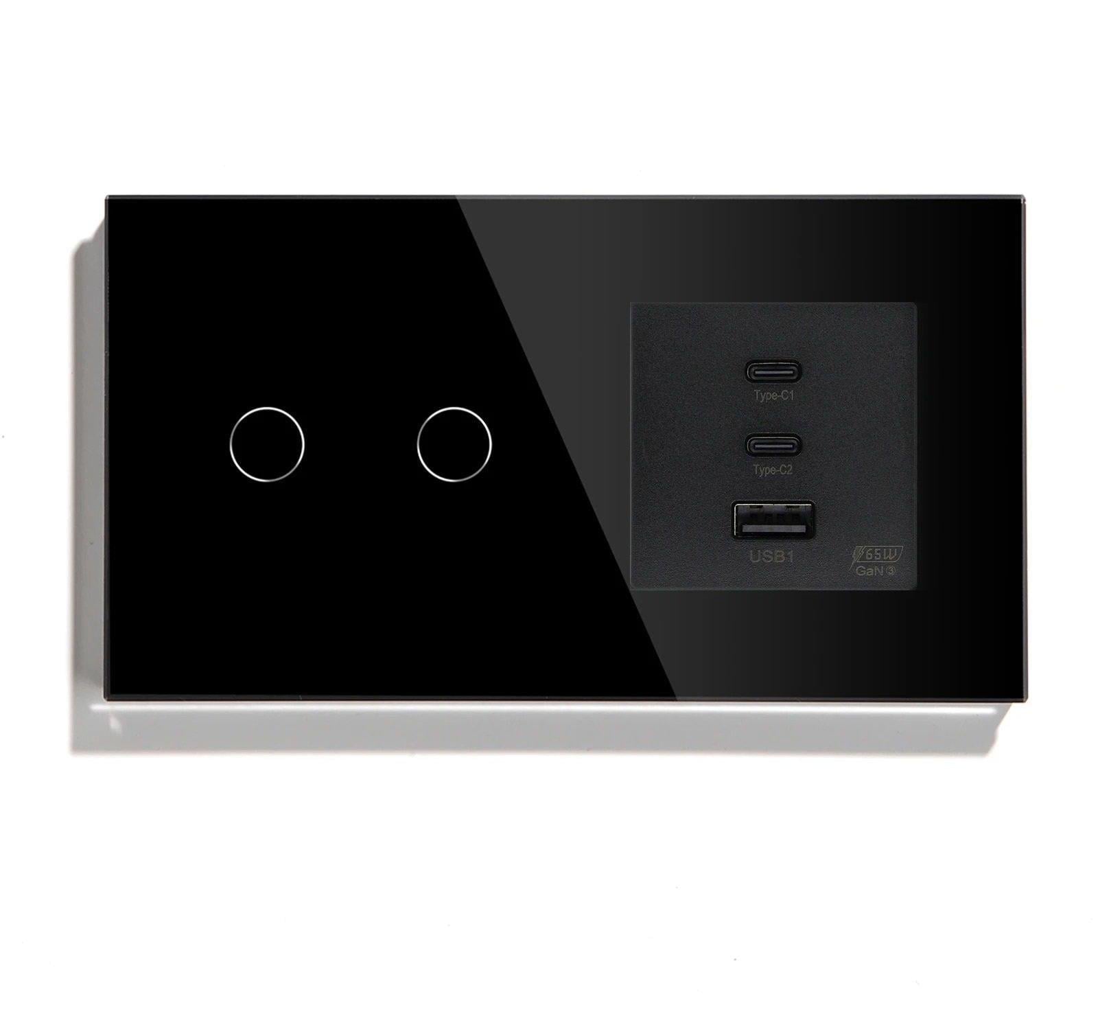 Выключатель умный LUXION сенсорный/двойной с розеткой USB A+C+C 65Вт стекло Черный