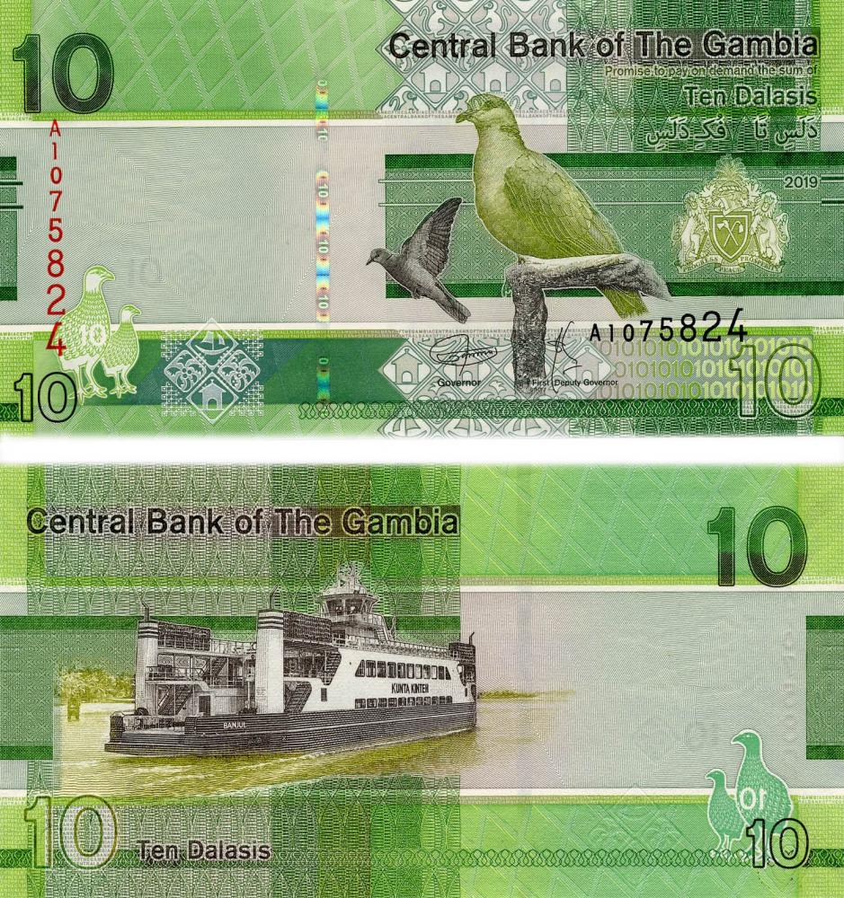 Коллекционная банкнота Гамбия 10 даласи 2019 UNC Птица Pnew (Б12374)