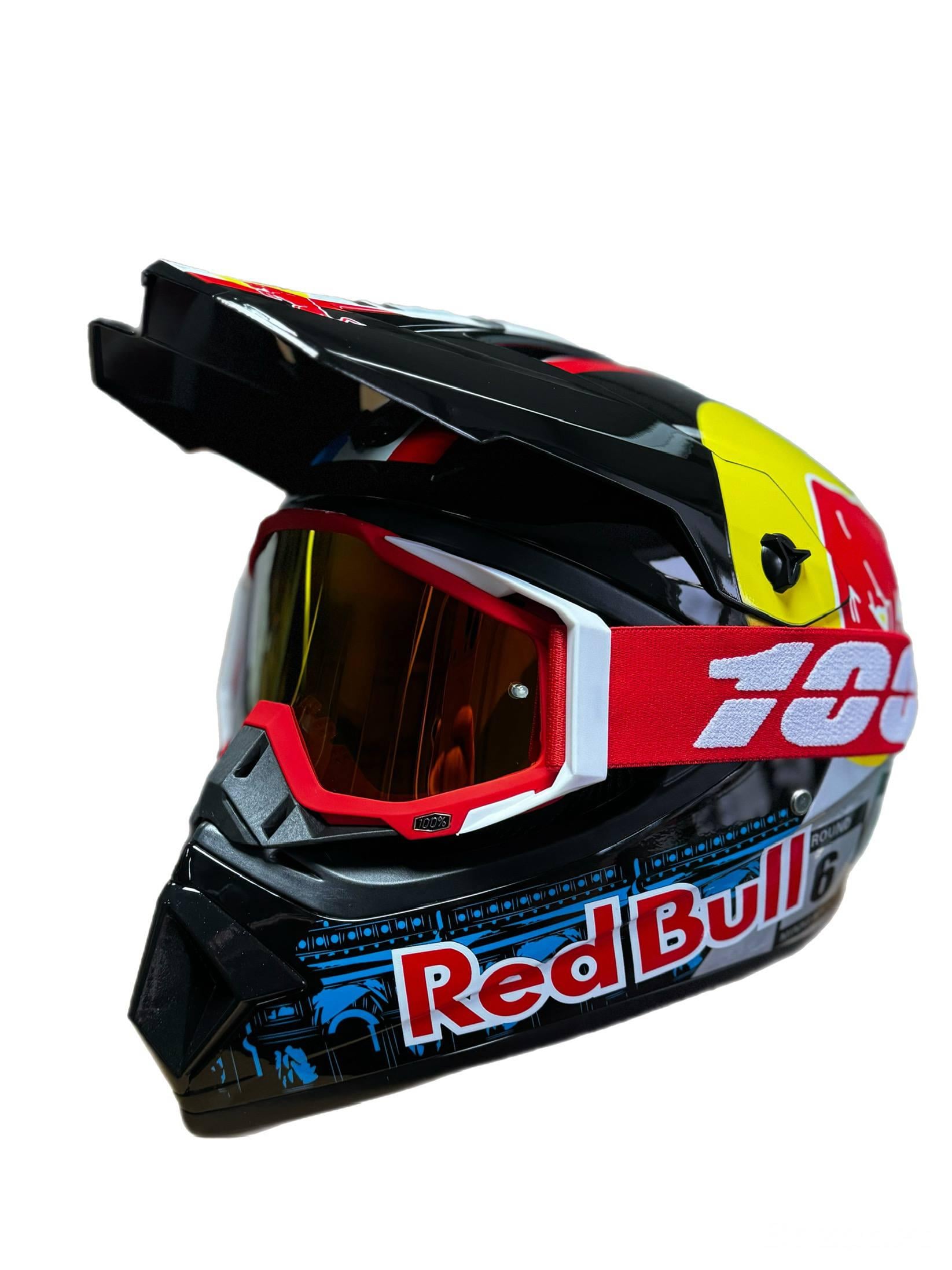 Мотошлем эндуро кроссовый Red Bull S и очки Profi 100% Красно-белый (0211)