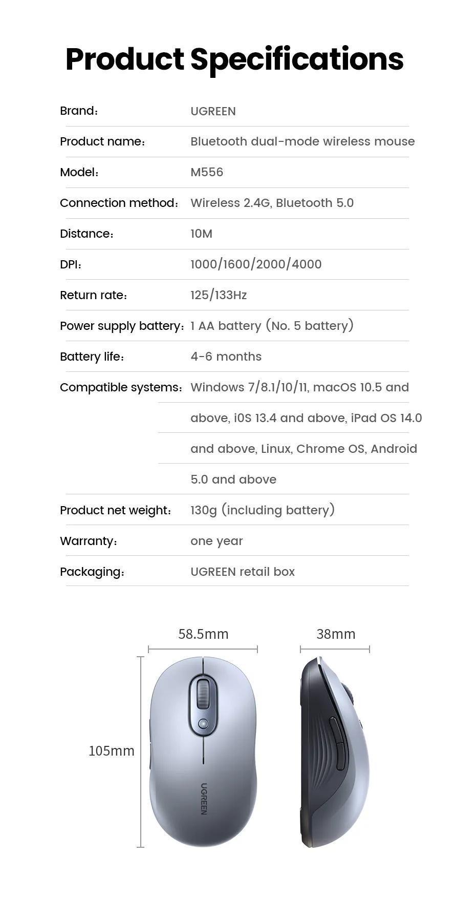 Мышь беспроводная Ugreen 2.4 ГГц 6 кнопок 4000 DPI (35900) - фото 10 Мышь беспроводная Ugreen 2.4 ГГц 6 кнопок 4000 DPI (35900) - фото 10