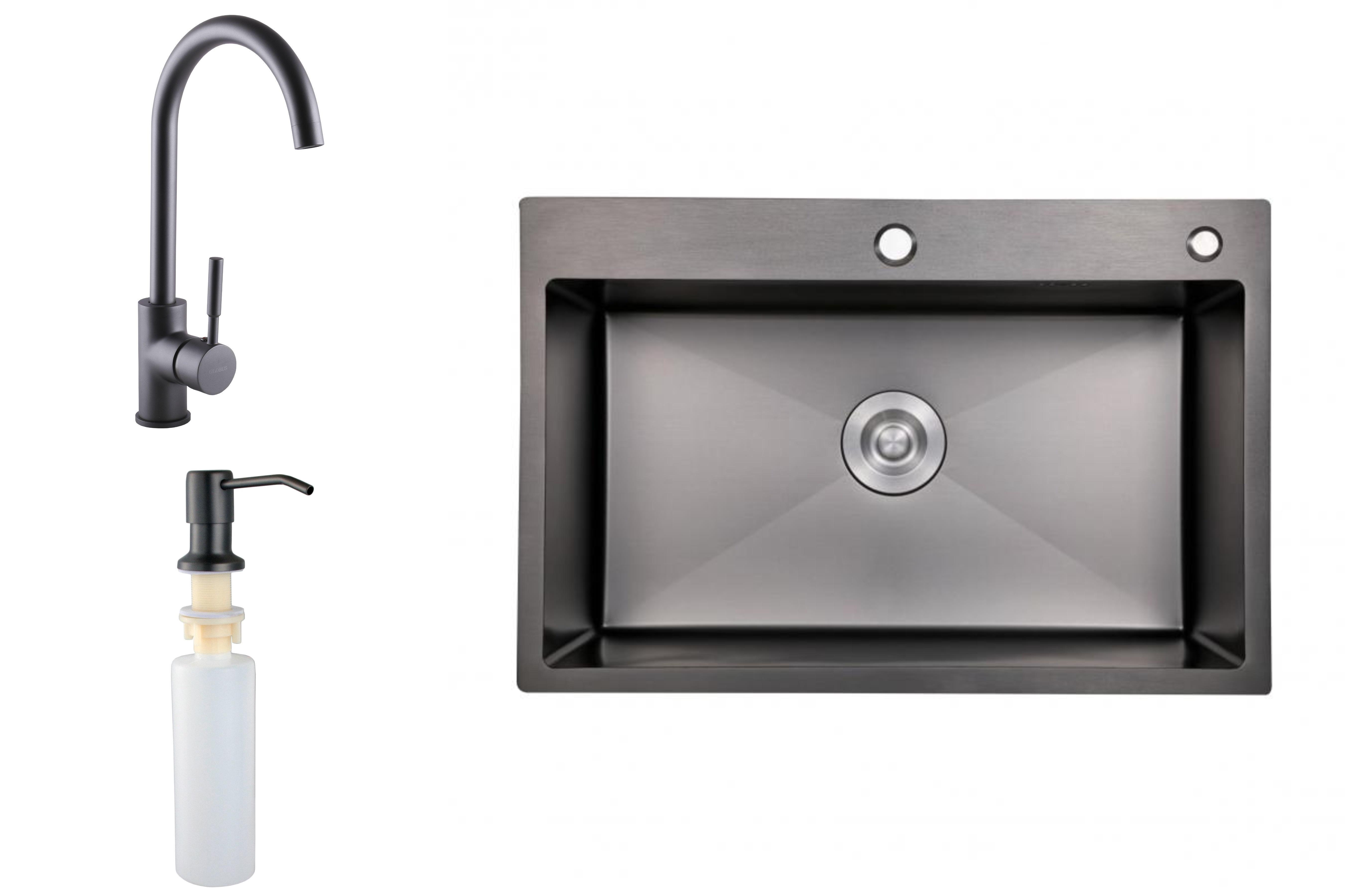 Мийка для кухні з нержавіючої сталі із змішувачем з дозатором 60х50 см Чорний (785245)