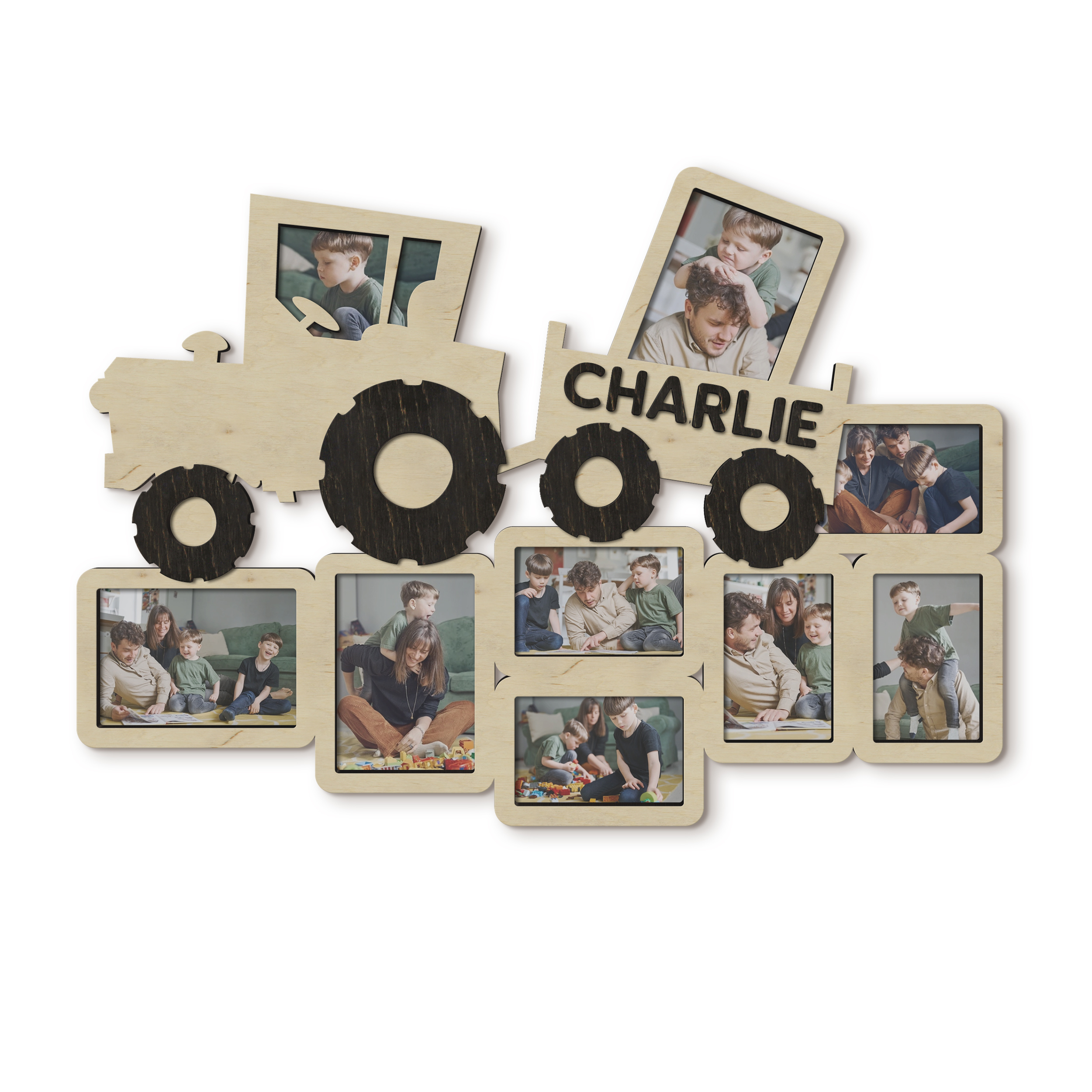 Фоторамка-колаж The Frame Depot у формі трактора з нанесенням імені на 9 фото Бежевий (tractor_collage)