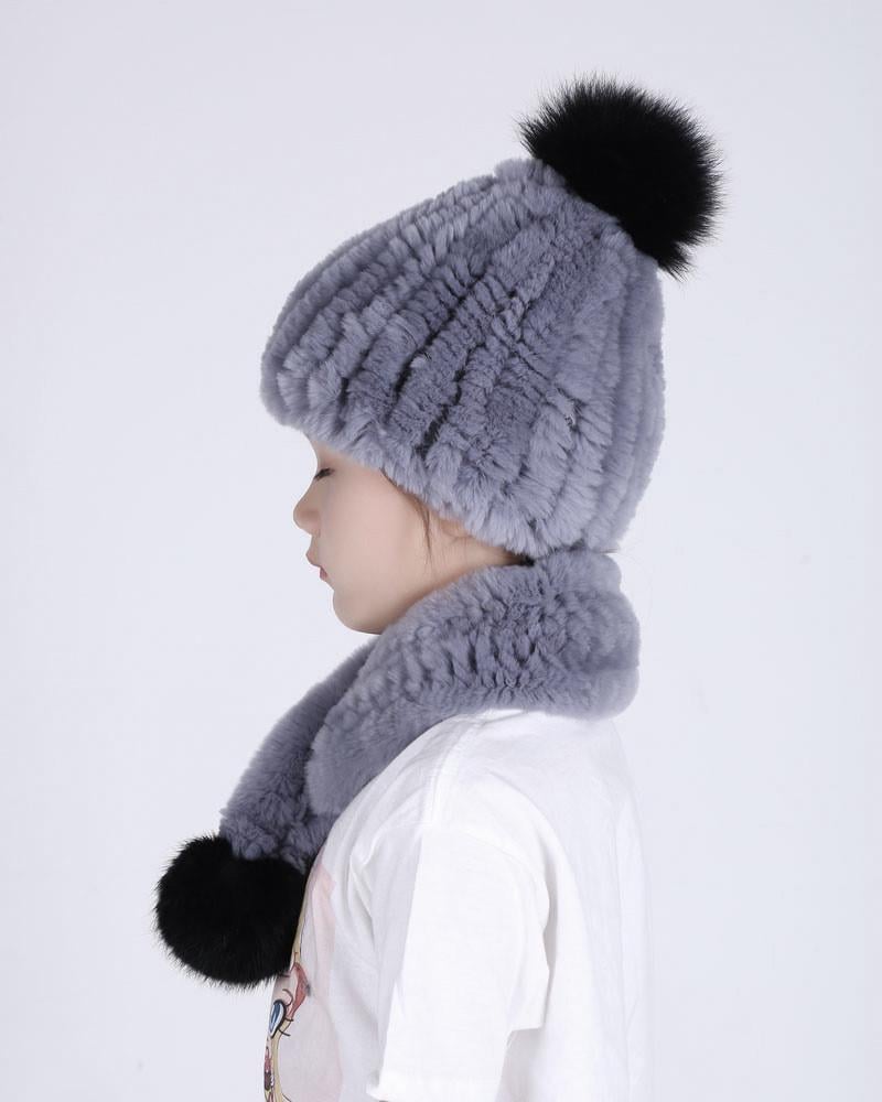 Дитячий зимовий комплект REX шапка з помпоном та шарф з натурального хутра кролика Бузковий (1310)