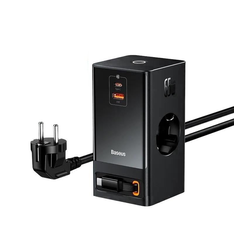Зарядний пристрій мережевий BASEUS GaN5 PowerCombo Charger 2C/U/2AC 65W Black (25397237)