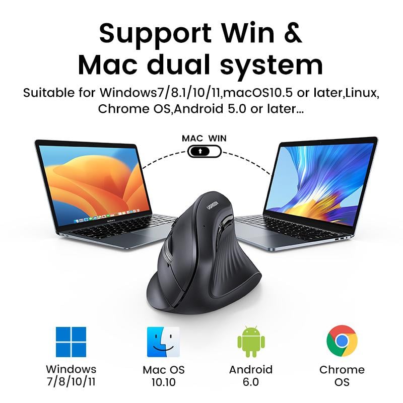 Мышь эргономичная вертикальная компьютерная беспроводная UGREEN MU008 Multi-mode Vertical Mouse Black (25444) - фото 7