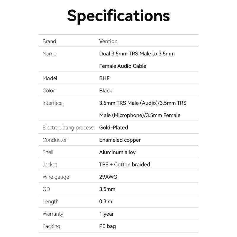 Перехідник Vention 2х3.5 мм minijack-3.5 мм minijack стерео AUX 4-піновий TRRS Нейлонова оплітка 0,3 м Чорний (BHFBY) - фото 8 Перехідник Vention 2х3.5 мм minijack-3.5 мм minijack стерео AUX 4-піновий TRRS Нейлонова оплітка 0,3 м Чорний (BHFBY) - фото 8