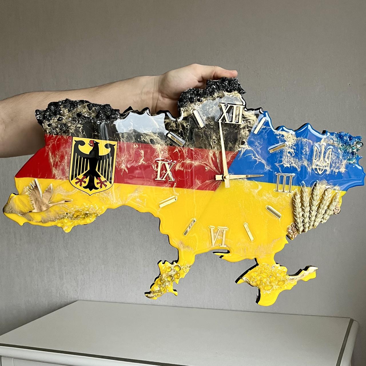 Часы настенные из эпоксидной смолы Карта Украины с Германией 50x32 см