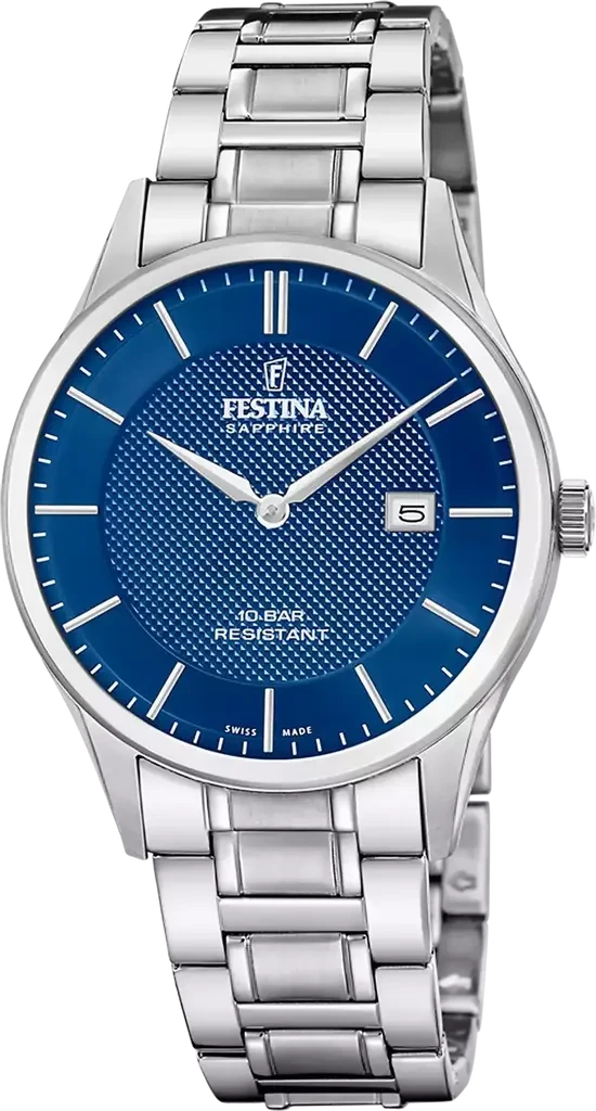 Наручные часы мужские Festina Classics Swiss Made F20067/4 со стальным корпусом/водозащитой 100 м и синим циферблатом