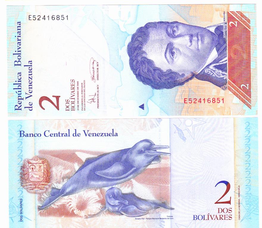 Коллекционная банкнота Венесуэла 2 боливара 2008 UNC Амазонский дельфин P88c (Б03833)