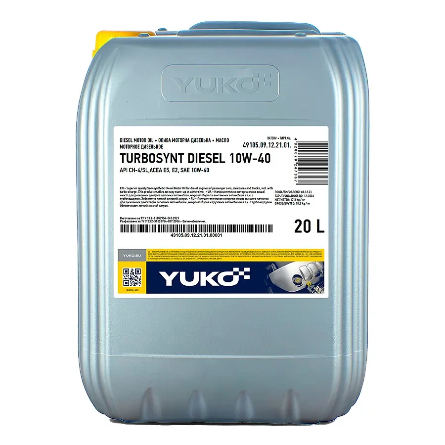 Моторное масло YUKO TURBOSYNT DIESEL 10W-40 API CH-4/SL 20 л (21334) Моторное масло YUKO TURBOSYNT DIESEL 10W-40 API CH-4/SL 20 л (21334)