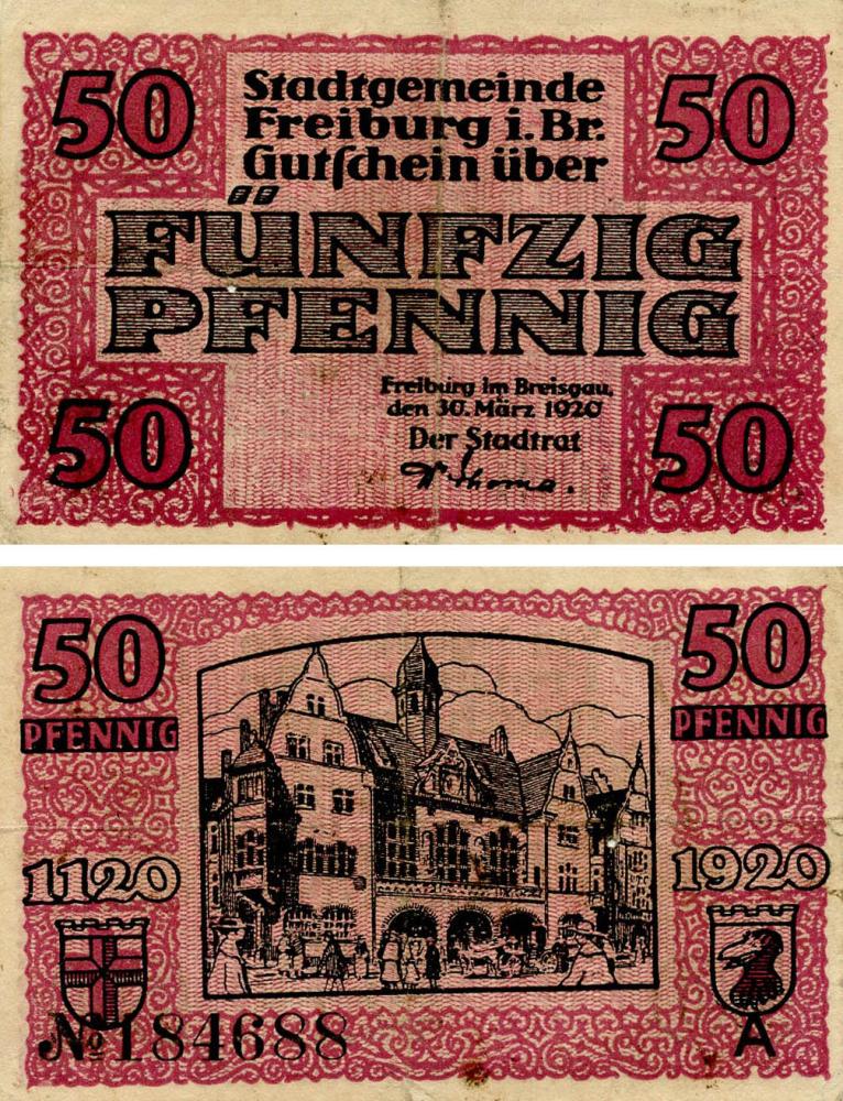 Коллекционная банкнота Германия Нотгельд 50 пфеннигов 1920 F-VF Фрайбург Разновидность 1 (Б18692)