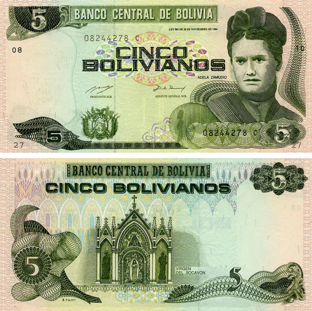 Коллекционная банкнота Боливия 5 боливиано 1986/1993 UNC (P209)