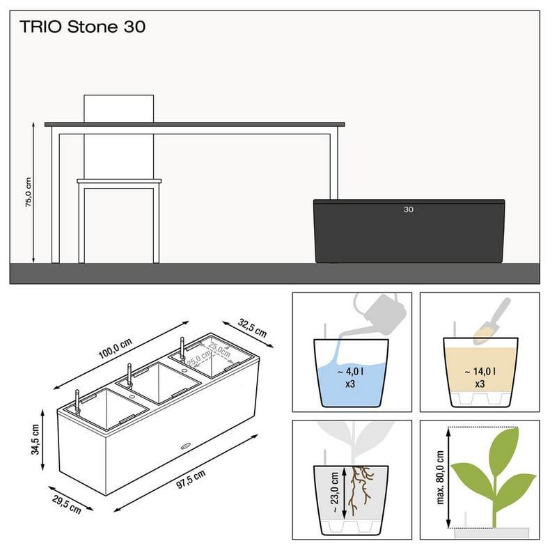 Умный горшок Lechuza Balconera 30 TRIO Stone прямоугольный 3 л 32x100x35 см Графитовый черный - фото 3