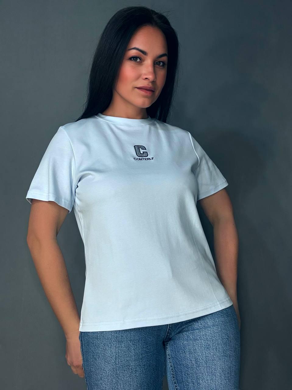 Футболка женская A-NIUSHOW 30337-3 базовая однотонная с вышивкой буквой С One Size Голубой (7343)