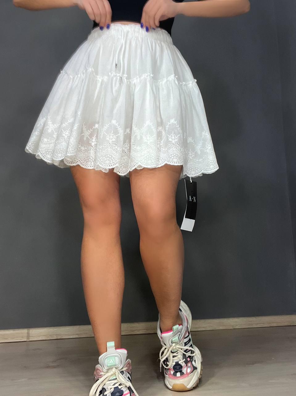 Юбка женская A-N 26070 короткая хлопковая с шортами оборки кружево резинка на талии шнурок L Белый (3991) - фото 8