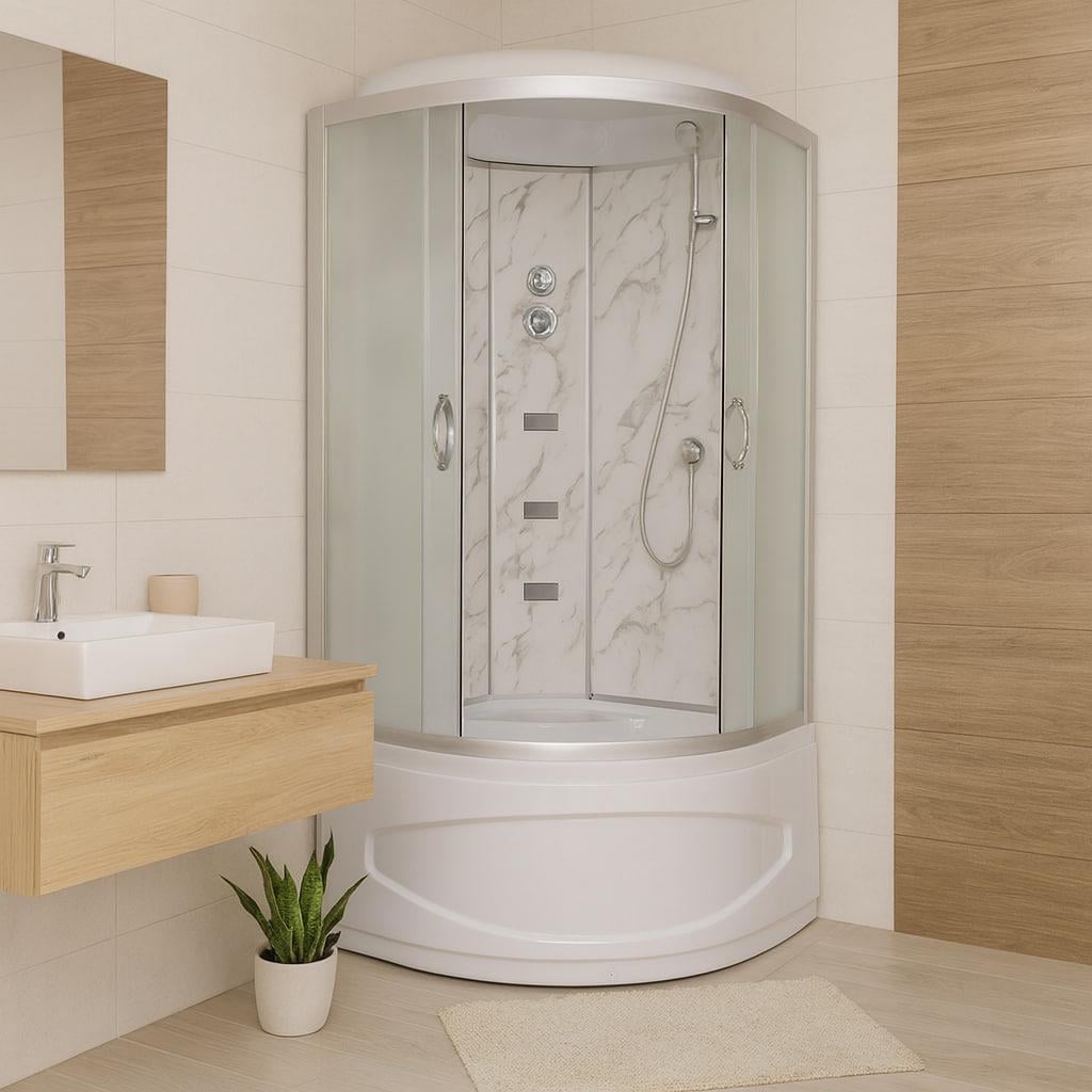 Душевой бокс TKF 90 WG полукруглый поддон 44 см с гидромассажем матовое стекло 90x90x215 см Белый мрамор (А0045227)